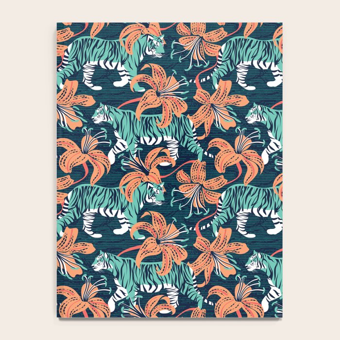 Tigers in a tiger lily garden // textured navy blue background spearmint green wild animals papaya orange flowers Notebook Gallery Image 4