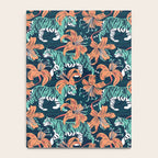 Tigers in a tiger lily garden // textured navy blue background spearmint green wild animals papaya orange flowers Notebook Gallery Image 4