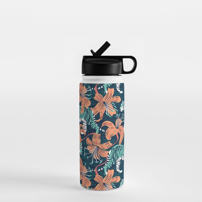 Tigers in a tiger lily garden // textured navy blue background spearmint green wild animals papaya orange flowers Water Bottle Gallery Image 1