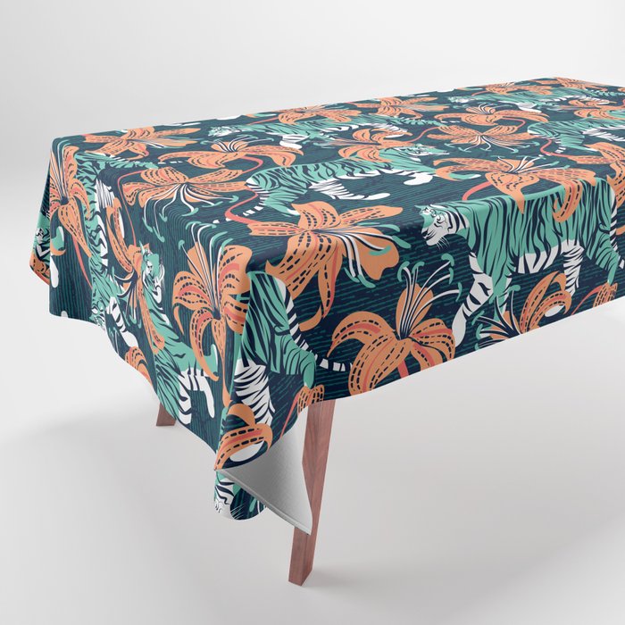 Tigers in a tiger lily garden // textured navy blue background spearmint green wild animals papaya orange flowers Tablecloth Gallery Image 1