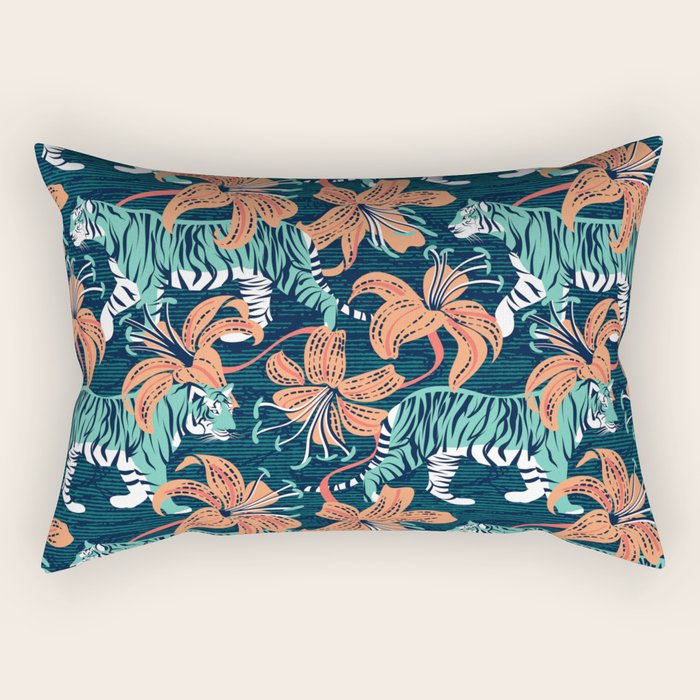 Tigers in a tiger lily garden // textured navy blue background spearmint green wild animals papaya orange flowers Rectangular Pillow Gallery Image 2