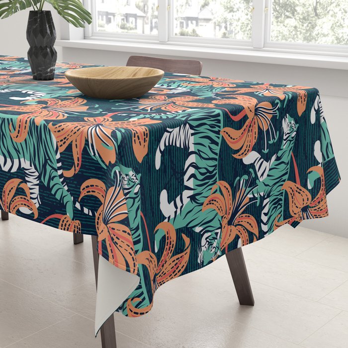 Tigers in a tiger lily garden // textured navy blue background spearmint green wild animals papaya orange flowers Tablecloth Gallery Image 3
