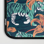 Tigers in a tiger lily garden // textured navy blue background spearmint green wild animals papaya orange flowers Laptop Sleeve Gallery Image 3