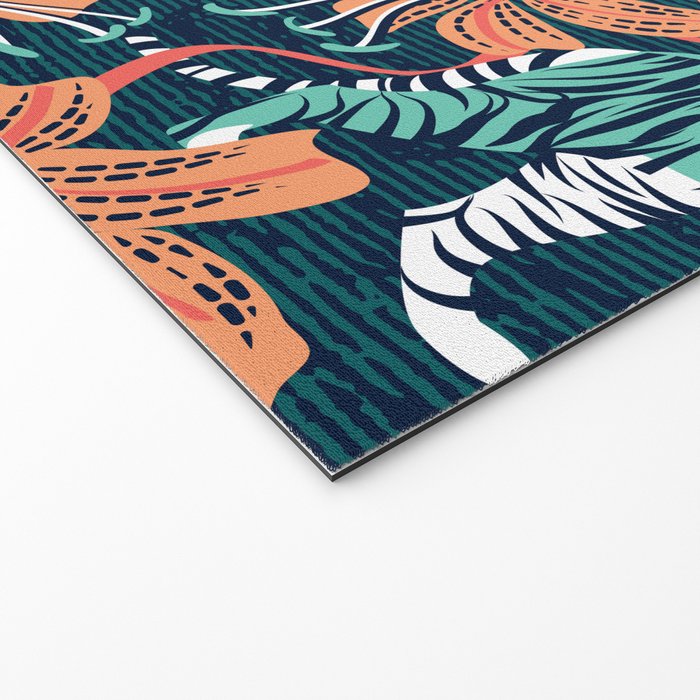 Tigers in a tiger lily garden // textured navy blue background spearmint green wild animals papaya orange flowers Welcome Mat Gallery Image 2