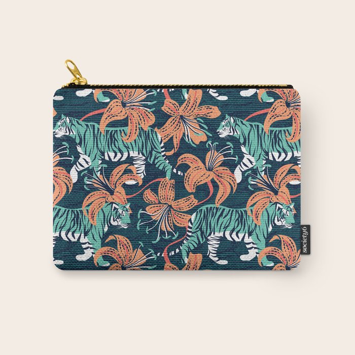 Tigers in a tiger lily garden // textured navy blue background spearmint green wild animals papaya orange flowers Carry All Pouch Gallery Image 1