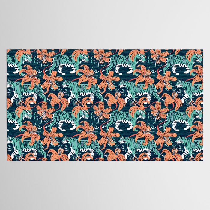 Tigers in a tiger lily garden // textured navy blue background spearmint green wild animals papaya orange flowers Tablecloth Gallery Image 2