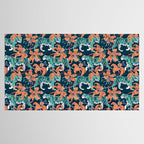 Tigers in a tiger lily garden // textured navy blue background spearmint green wild animals papaya orange flowers Tablecloth Gallery Image 2