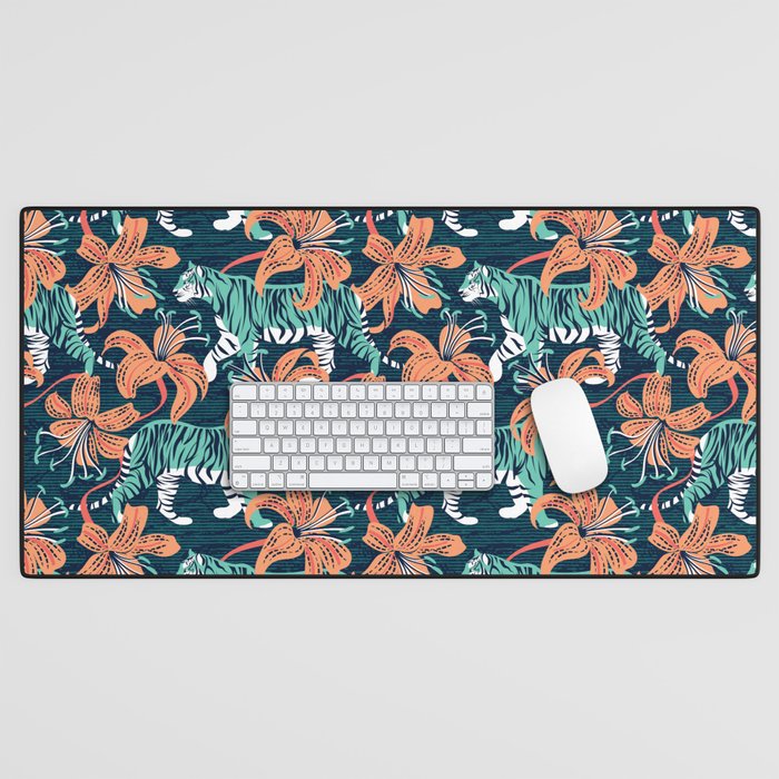 Tigers in a tiger lily garden // textured navy blue background spearmint green wild animals papaya orange flowers Desk Mat Gallery Image 1