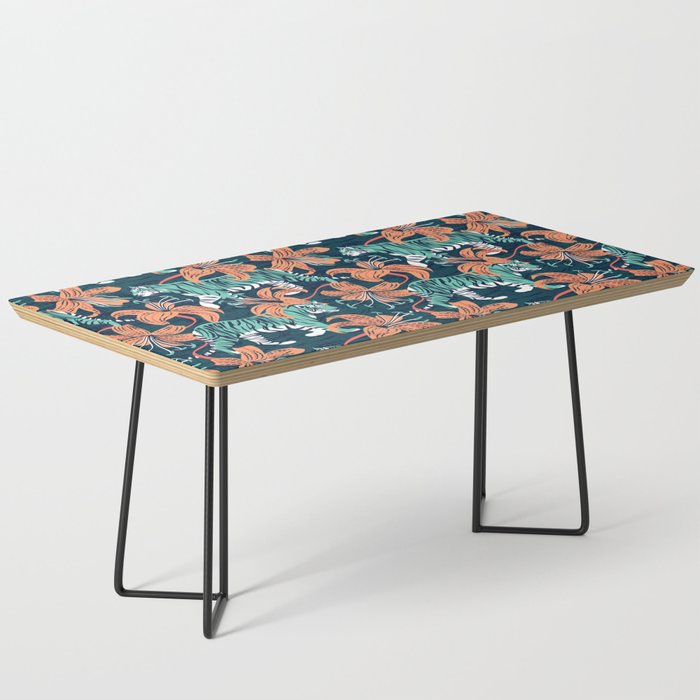 Tigers in a tiger lily garden // textured navy blue background spearmint green wild animals papaya orange flowers Coffee Table Gallery Image 1