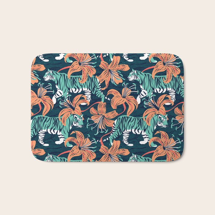 Tigers in a tiger lily garden // textured navy blue background spearmint green wild animals papaya orange flowers Bath Mat Gallery Image 1