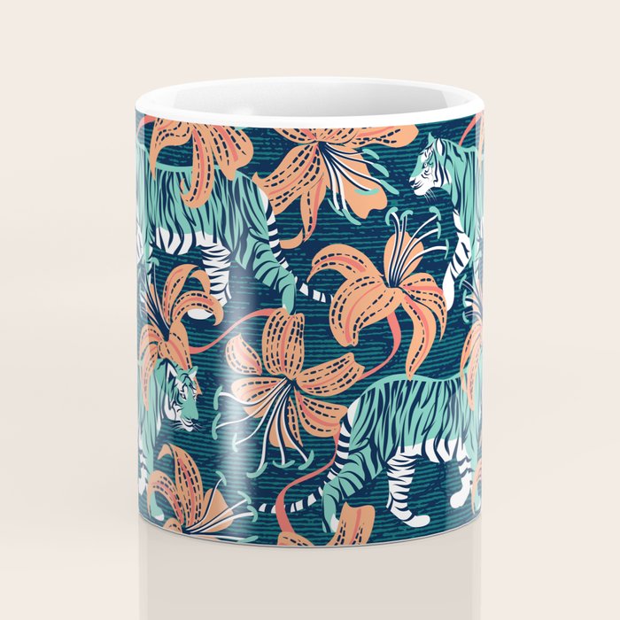 Tigers in a tiger lily garden // textured navy blue background spearmint green wild animals papaya orange flowers Coffee Mug Gallery Image 4