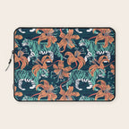 Tigers in a tiger lily garden // textured navy blue background spearmint green wild animals papaya orange flowers Laptop Sleeve Gallery Image 1