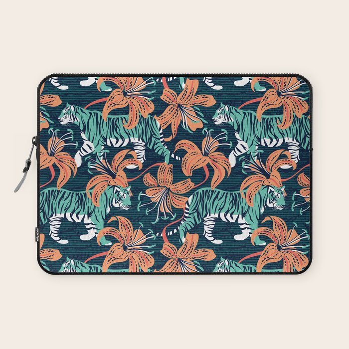 Tigers in a tiger lily garden // textured navy blue background spearmint green wild animals papaya orange flowers Laptop Sleeve Gallery Image 1