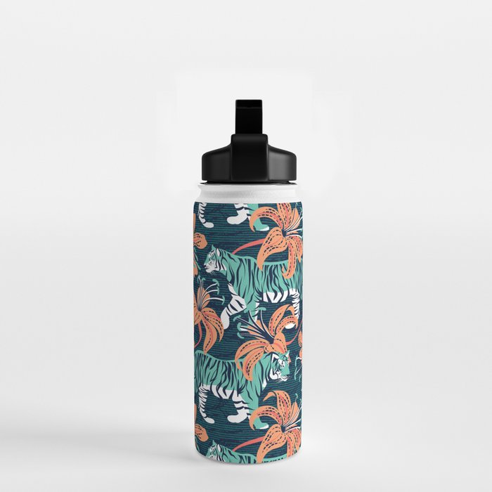 Tigers in a tiger lily garden // textured navy blue background spearmint green wild animals papaya orange flowers Water Bottle Gallery Image 2