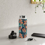 Tigers in a tiger lily garden // textured navy blue background spearmint green wild animals papaya orange flowers Water Bottle Gallery Image 4
