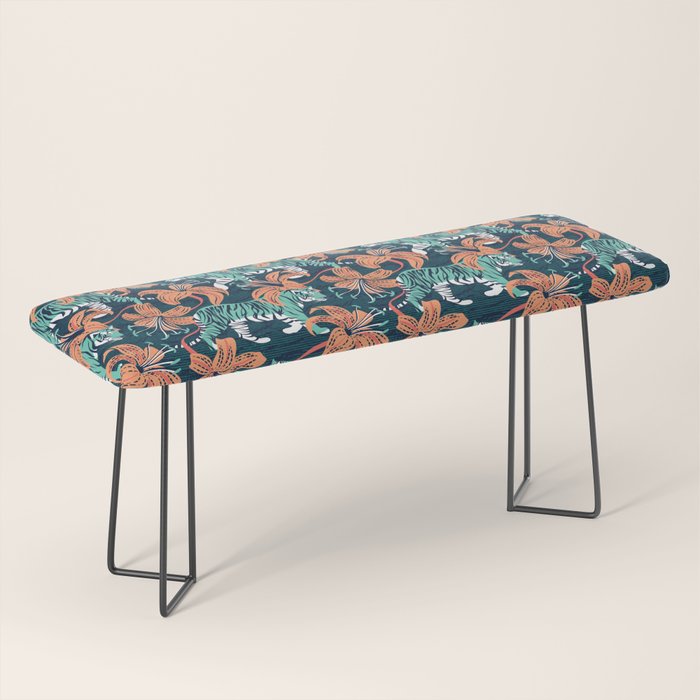 Tigers in a tiger lily garden // textured navy blue background spearmint green wild animals papaya orange flowers Bench Gallery Image 1