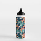 Tigers in a tiger lily garden // textured navy blue background spearmint green wild animals papaya orange flowers Water Bottle Gallery Image 3