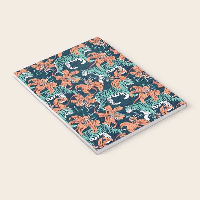 Tigers in a tiger lily garden // textured navy blue background spearmint green wild animals papaya orange flowers Notebook Gallery Image 3