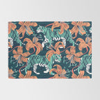 Tigers in a tiger lily garden // textured navy blue background spearmint green wild animals papaya orange flowers Rug Gallery Image 2