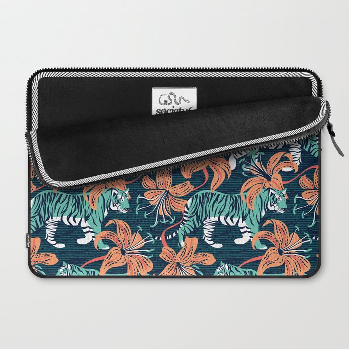 Tigers in a tiger lily garden // textured navy blue background spearmint green wild animals papaya orange flowers Laptop Sleeve Gallery Image 2