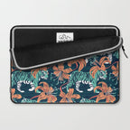 Tigers in a tiger lily garden // textured navy blue background spearmint green wild animals papaya orange flowers Laptop Sleeve Gallery Image 2