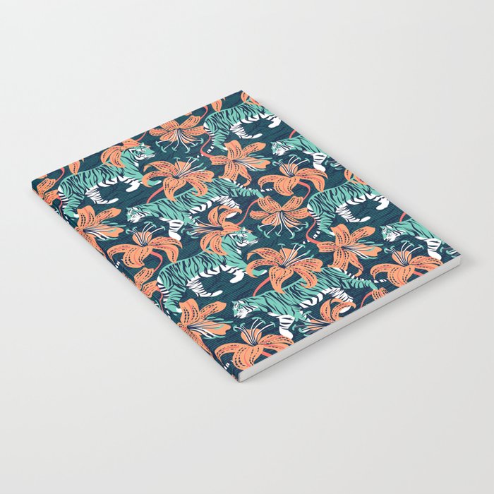 Tigers in a tiger lily garden // textured navy blue background spearmint green wild animals papaya orange flowers Notebook Gallery Image 2