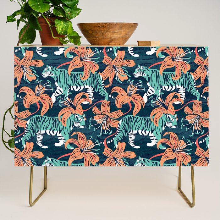 Tigers in a tiger lily garden // textured navy blue background spearmint green wild animals papaya orange flowers Credenza Gallery Image 1