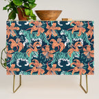 Tigers in a tiger lily garden // textured navy blue background spearmint green wild animals papaya orange flowers Credenza Gallery Image 1