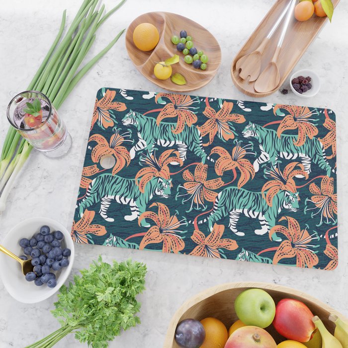 Tigers in a tiger lily garden // textured navy blue background spearmint green wild animals papaya orange flowers Cutting Board Gallery Image 2