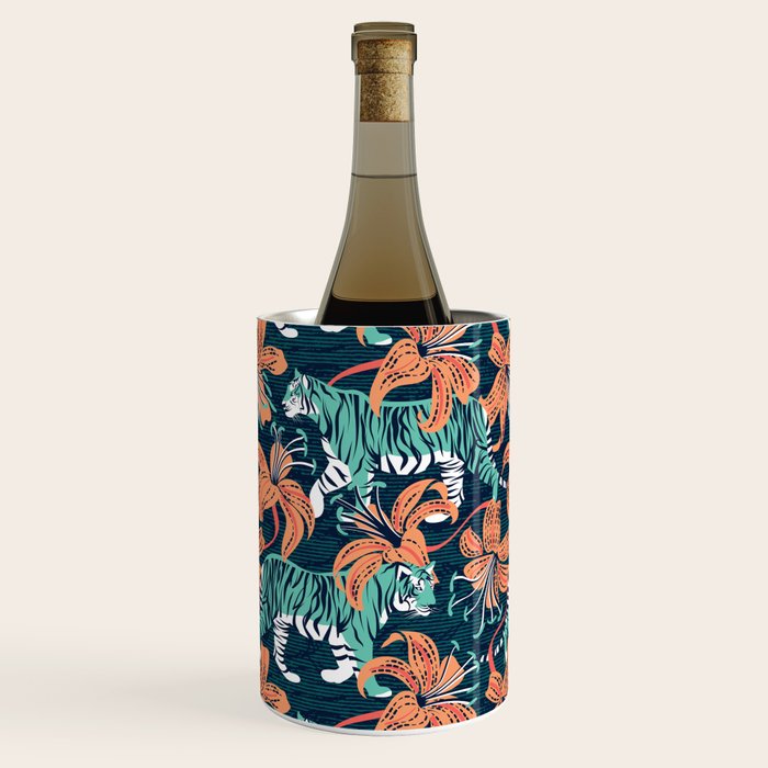 Tigers in a tiger lily garden // textured navy blue background spearmint green wild animals papaya orange flowers Wine Chiller Gallery Image 3