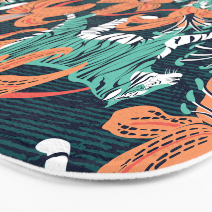 Tigers in a tiger lily garden // textured navy blue background spearmint green wild animals papaya orange flowers Bath Mat Gallery Image 3