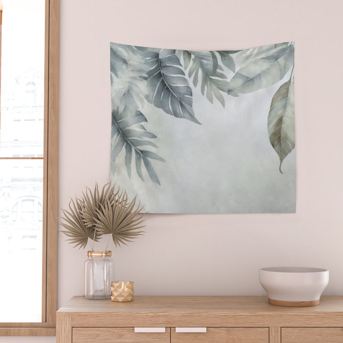 Calm Tropical Foliage Pastel Teal And Grey Wall Tapestry Gallery Image 2