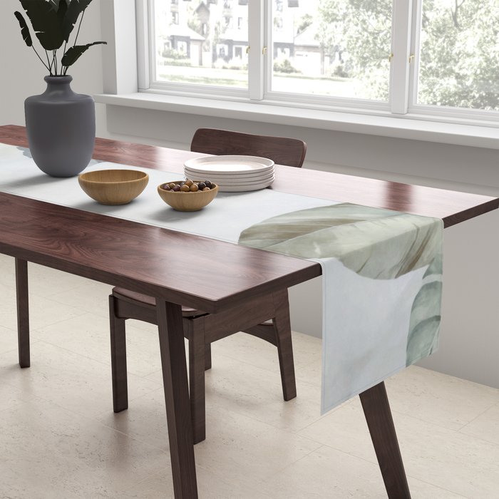 Calm Tropical Foliage Pastel Teal And Grey Table Runner Gallery Image 2
