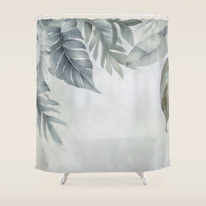 Calm Tropical Foliage Pastel Teal And Grey Shower Curtain Gallery Image 1