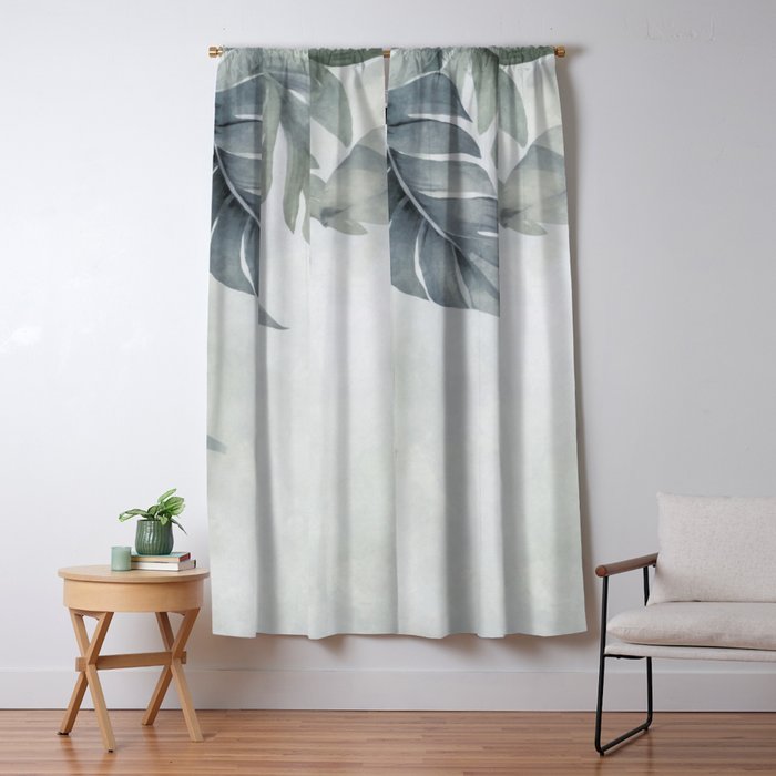 Calm Tropical Foliage Pastel Teal And Grey Window Curtain Gallery Image 5