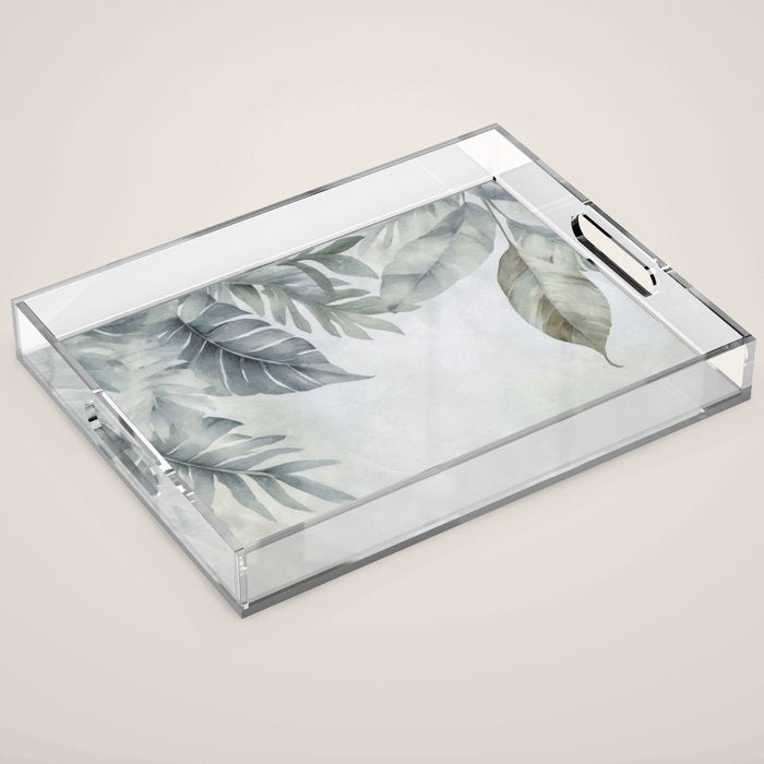 Calm Tropical Foliage Pastel Teal And Grey Acrylic Tray Gallery Image 1
