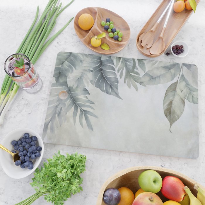Calm Tropical Foliage Pastel Teal And Grey Cutting Board Gallery Image 2