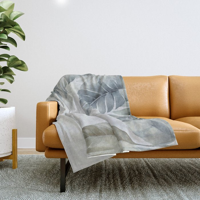 Calm Tropical Foliage Pastel Teal And Grey Throw Blanket Gallery Image 1