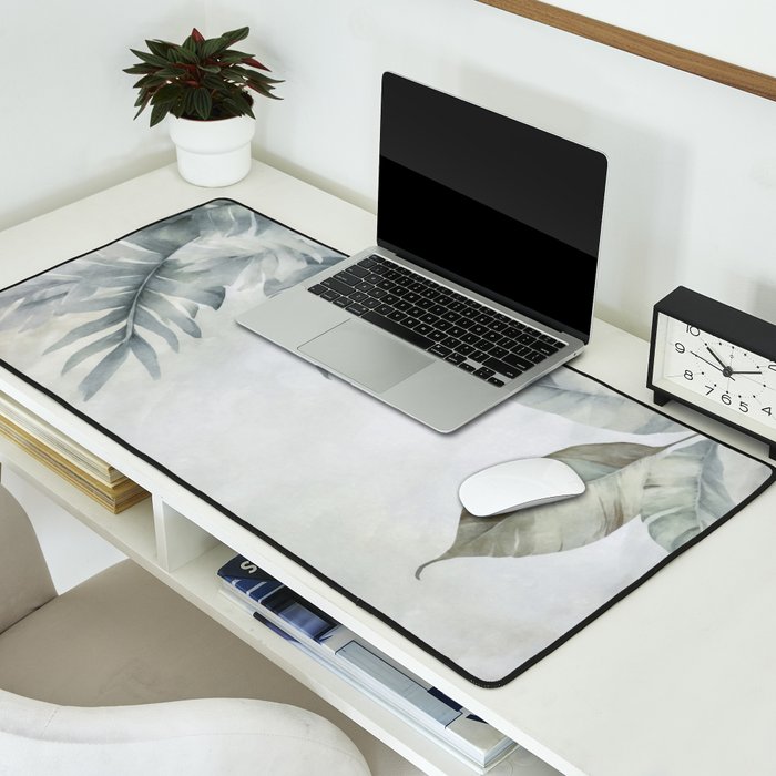 Calm Tropical Foliage Pastel Teal And Grey Desk Mat Gallery Image 2