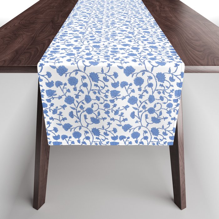 Small Trailing Block Print - Cobalt Blue White Table Runner Gallery Image 1