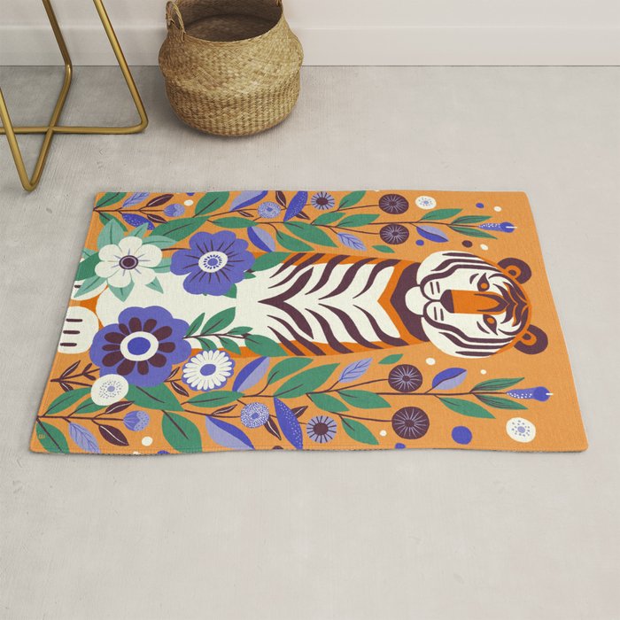 Floral Tiger in a Bold Jungle - Vibrant Botanical Wildlife Art Rug Gallery Image 1