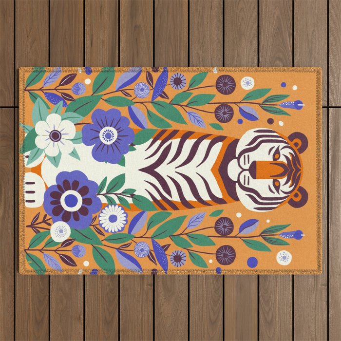 Floral Tiger in a Bold Jungle - Vibrant Botanical Wildlife Art Outdoor Rug Gallery Image 1