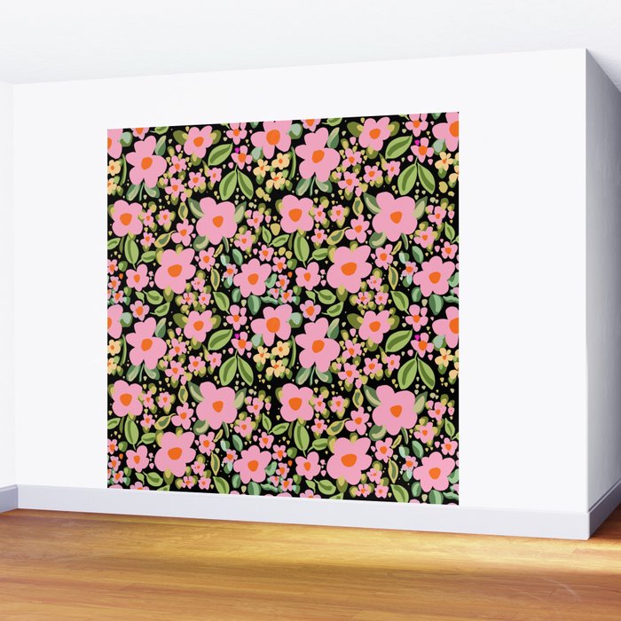 Retro vintage pink daisies pattern  Wall Mural Gallery Image 2