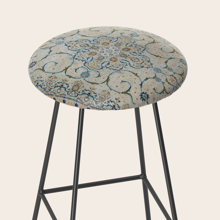 Art Deco Antique Kashan Powder Blue & Pale Gold Stool Gallery Image 2