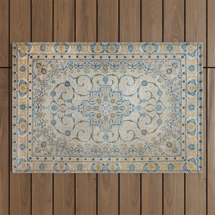 Art Deco Antique Kashan Powder Blue & Pale Gold Outdoor Rug Gallery Image 1