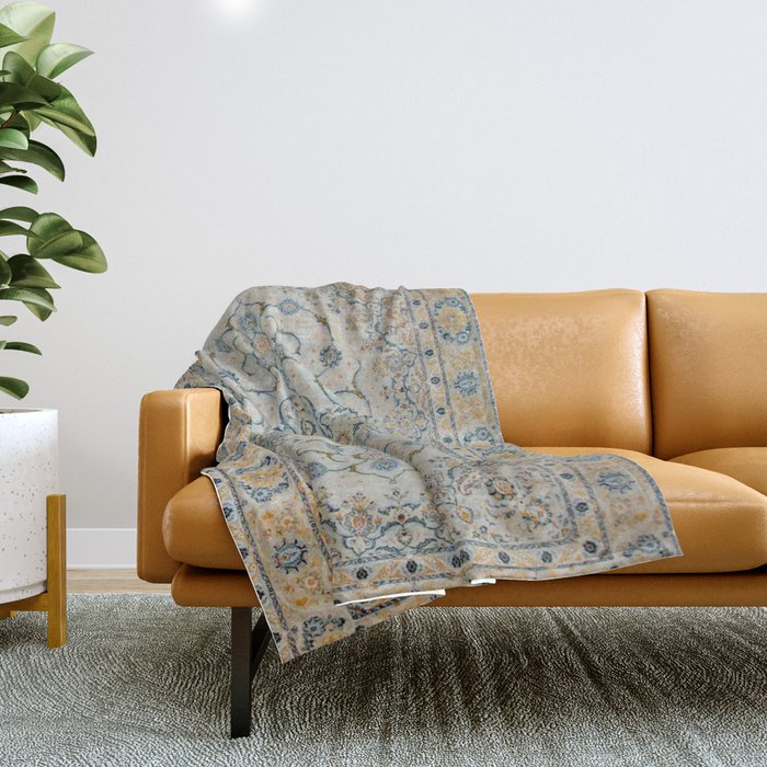 Art Deco Antique Kashan Powder Blue & Pale Gold Throw Blanket Gallery Image 1
