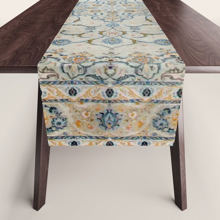 Art Deco Antique Kashan Powder Blue & Pale Gold Table Runner Gallery Image 1