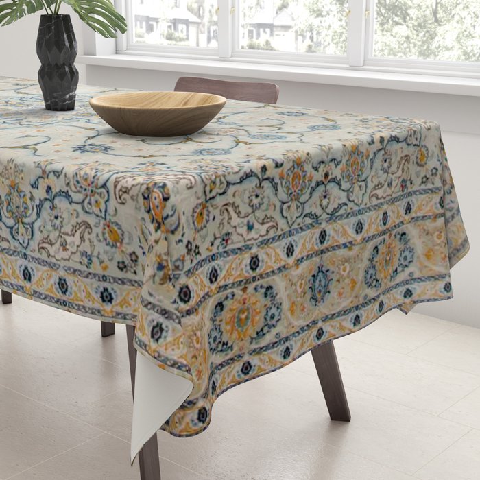 Art Deco Antique Kashan Powder Blue & Pale Gold Tablecloth Gallery Image 3