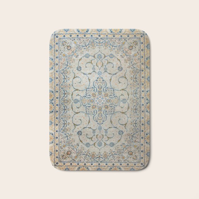 Art Deco Antique Kashan Powder Blue & Pale Gold Bath Mat Gallery Image 1