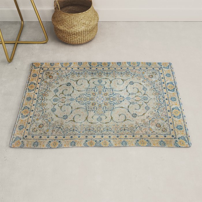 Art Deco Antique Kashan Powder Blue & Pale Gold Rug Gallery Image 1